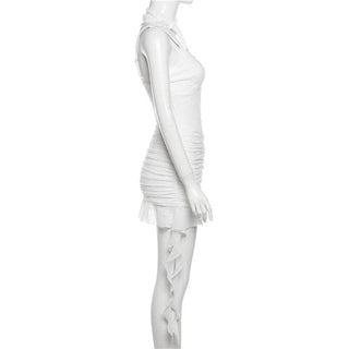 Ruched ruffle lace 2-way v neck cami mini dress