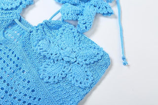 Halter knitted flower pattern see through maxi dress