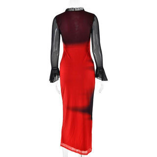 Long flared sleeve ruffle lace up mesh midi dress