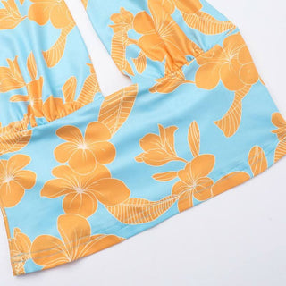 Self tie halter flower print backless contrast top