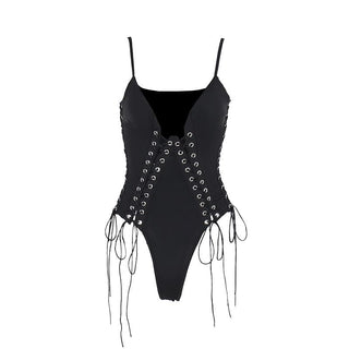 V neck lace up hollow out solid cami bodysuit