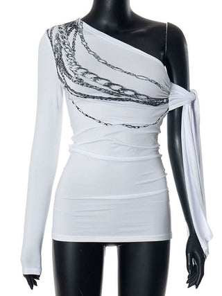 Irregular long sleeve chain print one shoulder top