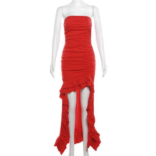 Ruched ruffle solid backless tube maxi dress-final-sale