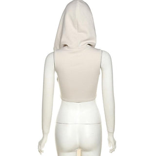 Sleeveless solid irregular ribbon hoodie ruched crop top