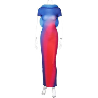 Short sleeve gradient backless maxi dress