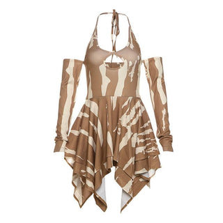 Long sleeve hollow out halter self tie ribbed cut out mini dress