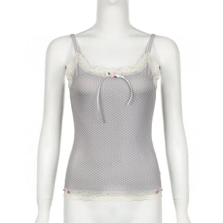 Lace hem polka dot rose applique cami top