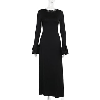 Long flared sleeve round neck lace up maxi dress