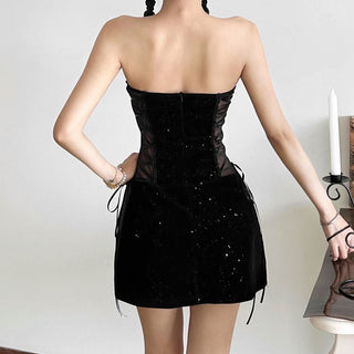 Sweetheart neck velvet lace up mesh beaded mini dress