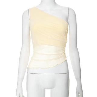 Sleeveless one shoulder ruched ruffle mesh top