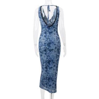 V neck lace hem print mesh knotted midi dress