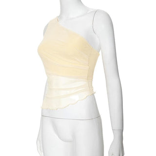 Sleeveless one shoulder ruched ruffle mesh top