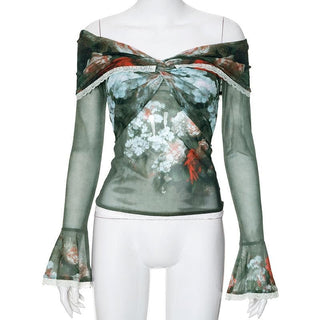 Long flared sleeve off shoulder sheer mesh print lace top