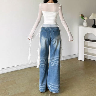 Long sleeve square neck irregular ruched mesh top