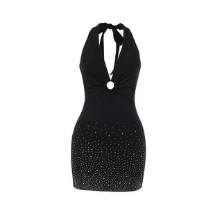 Halter self tie beaded ruched v neck mini dress