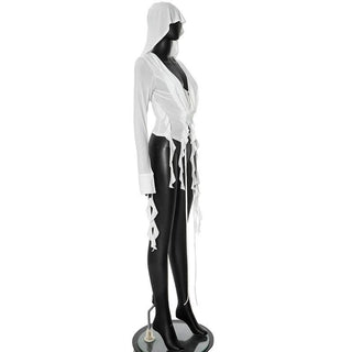 Hoodie long sleeve tassels self tie top