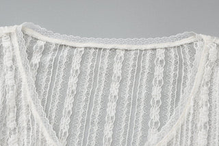 Short sleeve button lace see through crop top