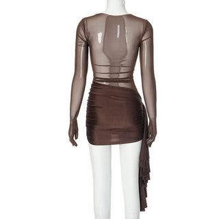 Long sleeve mesh patchwork ruched mini dress