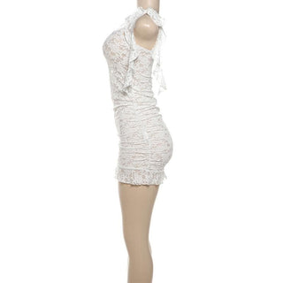 Lace see through one shoulder ruffle knotted ruched mini dress
