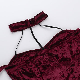 Halter velvet cross applique lace up top