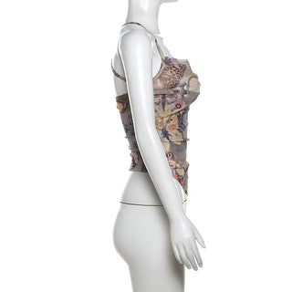 Cross back cowl neck print sheer mesh top
