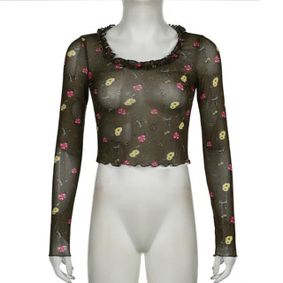 Long sleeve flower print mesh ruffle crop top