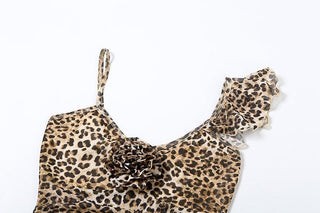 Leopard print flower applique irregular ruffle cami top
