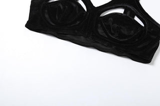 Velvet hollow out solid backless crop cut out top
