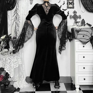 Crewneck long flared sleeve slit velvet lace midi dress