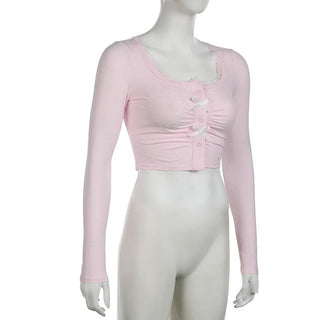 Long sleeve bowknot button crop top