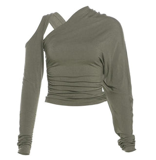 Long sleeve irregular hollow out ruched solid cut out top