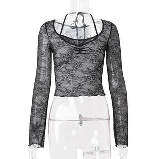 Long sleeve halter lace ruched see through top