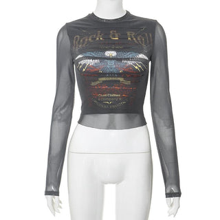 Long sleeve crewneck eagle print mesh top