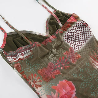 Bowknot v neck print mesh lace cami top
