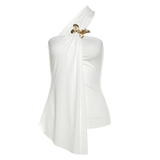One shoulder chiffon butterfly applique irregular top