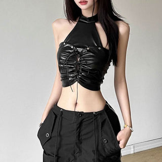 Halter backless PU leather zip-up crop top