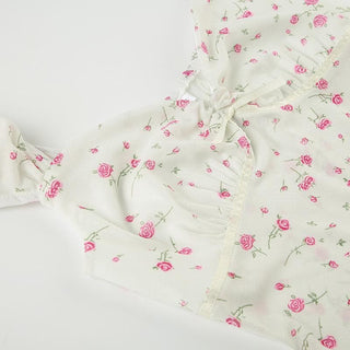 Short puff sleeve rose print lace hem ruched top