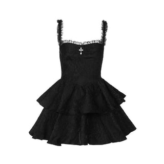 Ruffle zip-up cross applique square neck mini dress