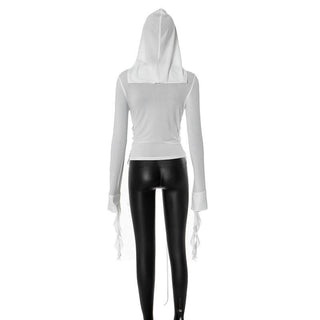 Hoodie long sleeve tassels self tie top