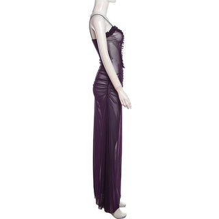 Sheer mesh hollow out ruched high slit cami cut out maxi dress