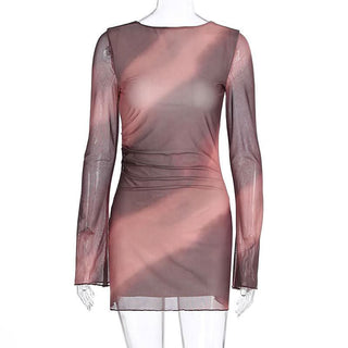 Long sleeve self tie crewneck sheer mesh print mini dress