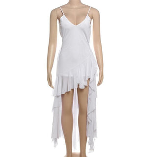 V neck sheer mesh ruffle cami midi dress-final-sale