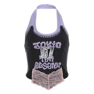 Halter lace patchwork letter pattern top