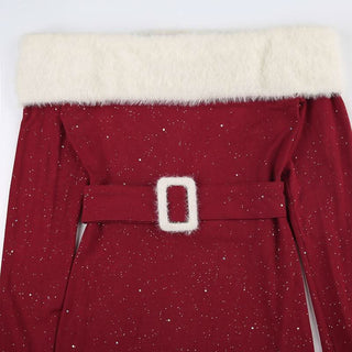 Off shoulder long sleeve beaded fluffy belt mini dress