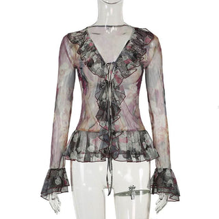 Long flared sleeve mesh abstract ruffle self tie top