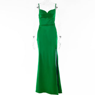 Solid sleeveless cowl neck slit ruched backless cami maxi dress - Final Sale
