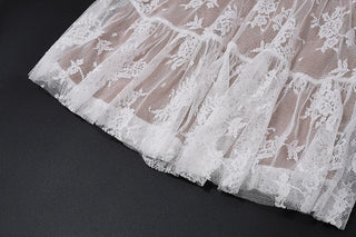 Short puff sleeve bowknot lace ruffle mini dress