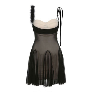 Feather self tie mesh v neck cami mini dress