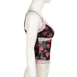 V neck lace hem backless rose print mesh cami top