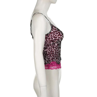 Leopard print mesh bowknot lace hem cami top